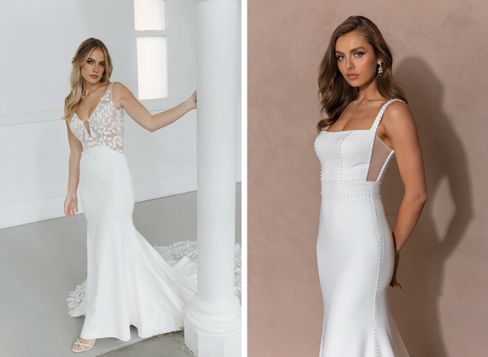 Two form-fitting wedding dresses shown on models side by side