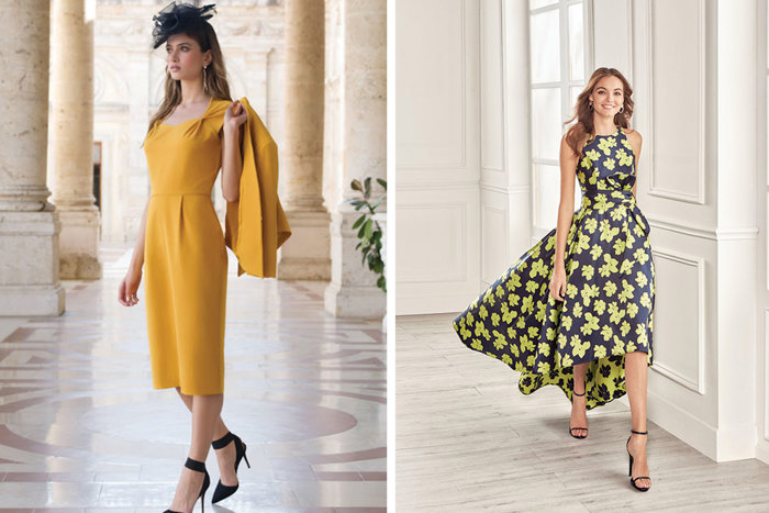 Model on left wears mustard dress and model on right wears black and green floral print dress