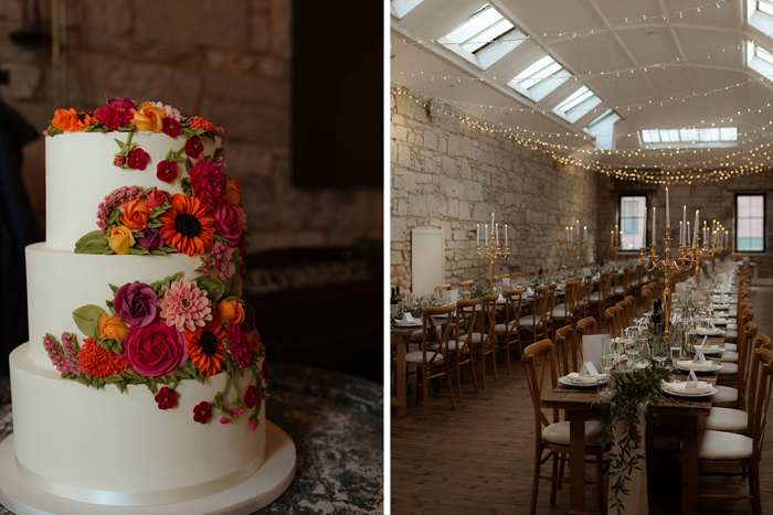 A Three Tier Wedding Cake by Keys Bakery Decorated With Orange Red Pink Flowers And The Haberdashery Glasgow Set With Long Tables For A Wedding