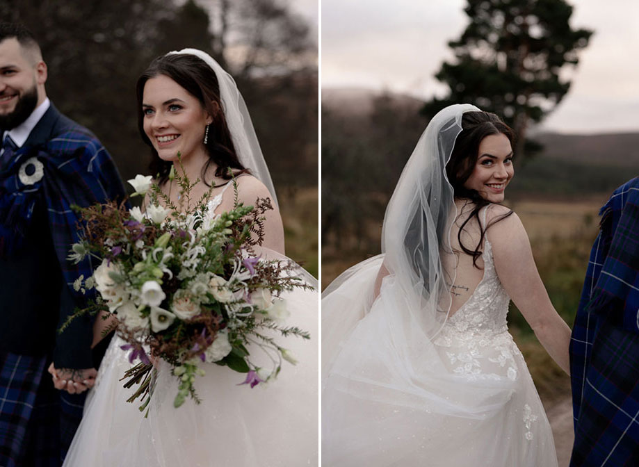 a bride wearing a veil holding a large bouquet of purple, green and white flowers on left. A bride wearing a veil walking in countryside looking over her shoulder