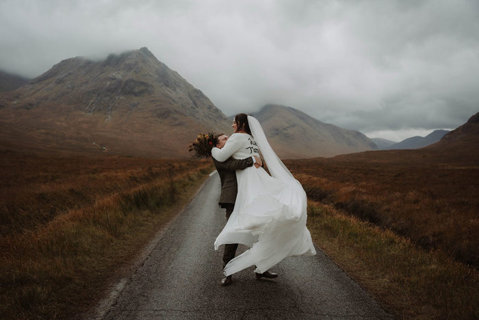 Bride and groom Glencoe mountain wedding portrait