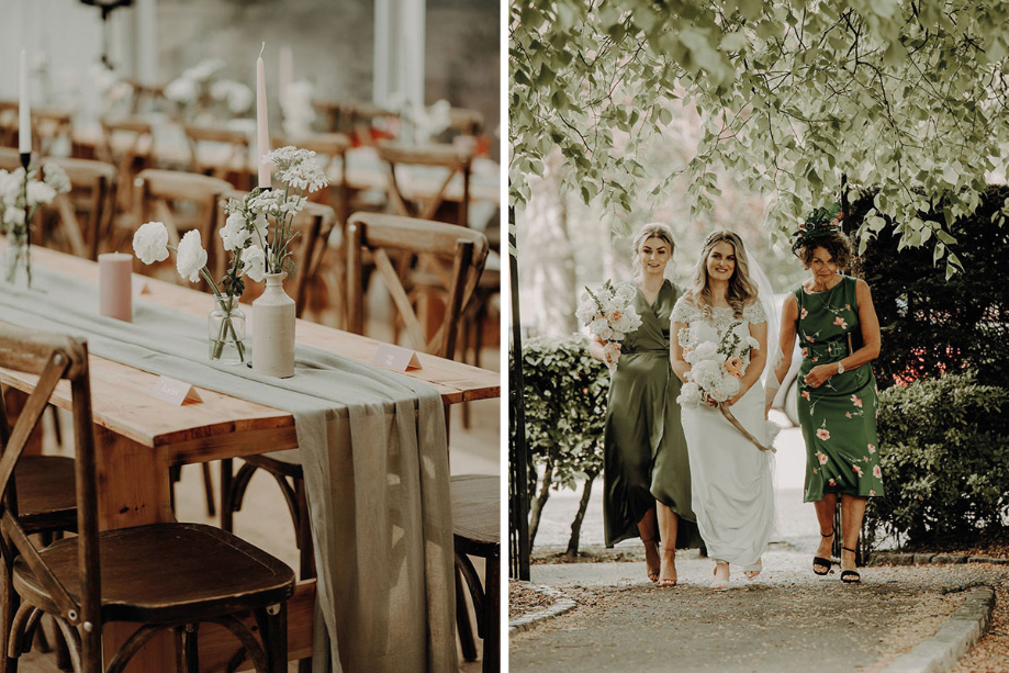 Detail shot of wedding table set up and one of bride walking down the aisle