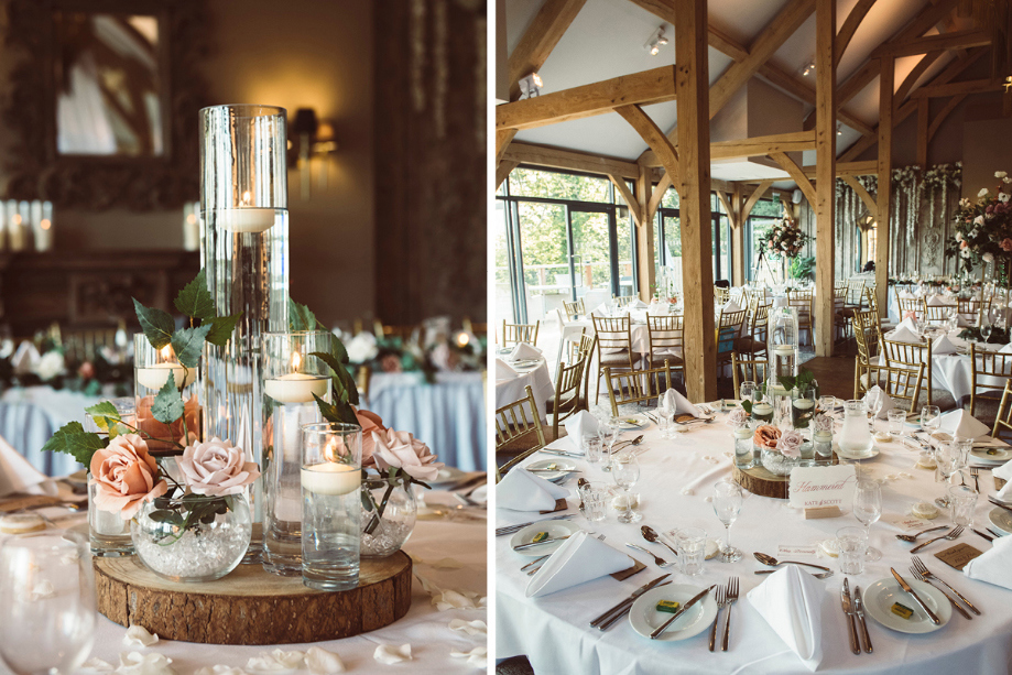 Detail shots of tables filled with floating candles and flowers