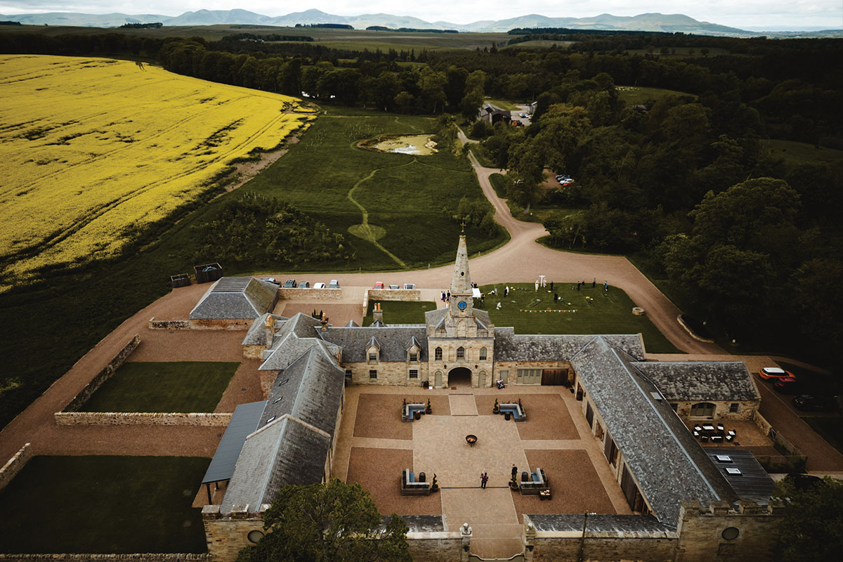 a steading and surrounding fields from above