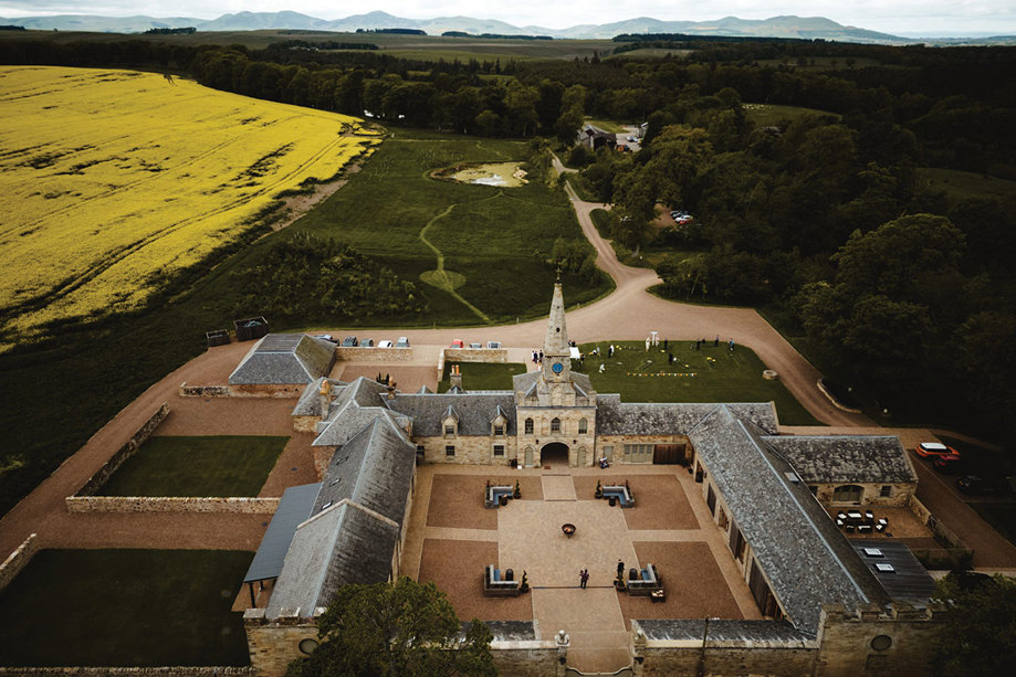 a steading and surrounding fields from above