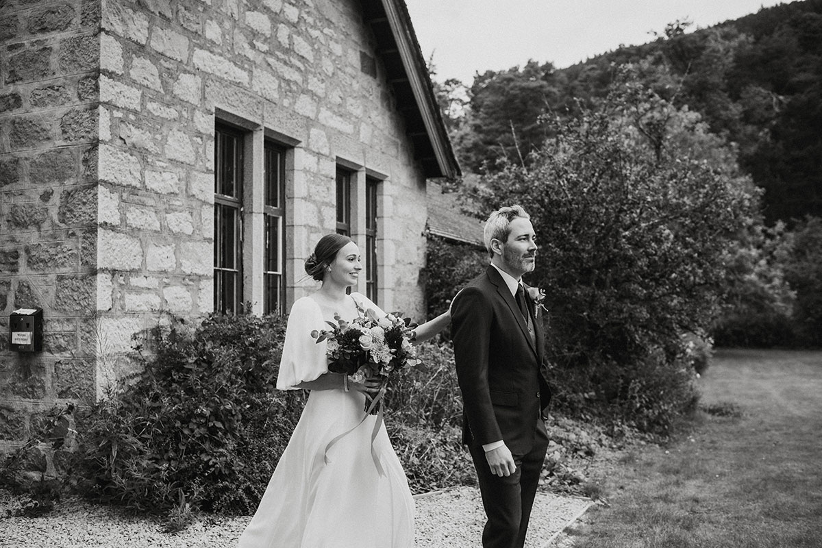 first look of bride and groom on Mar Lodge Estate