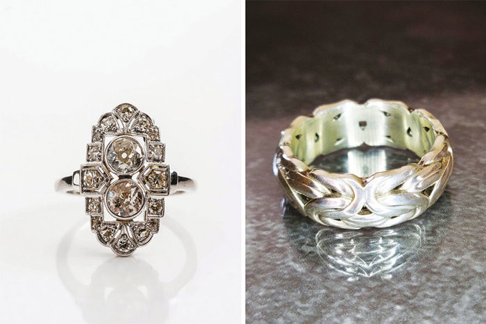 silver art deco style wedding rings