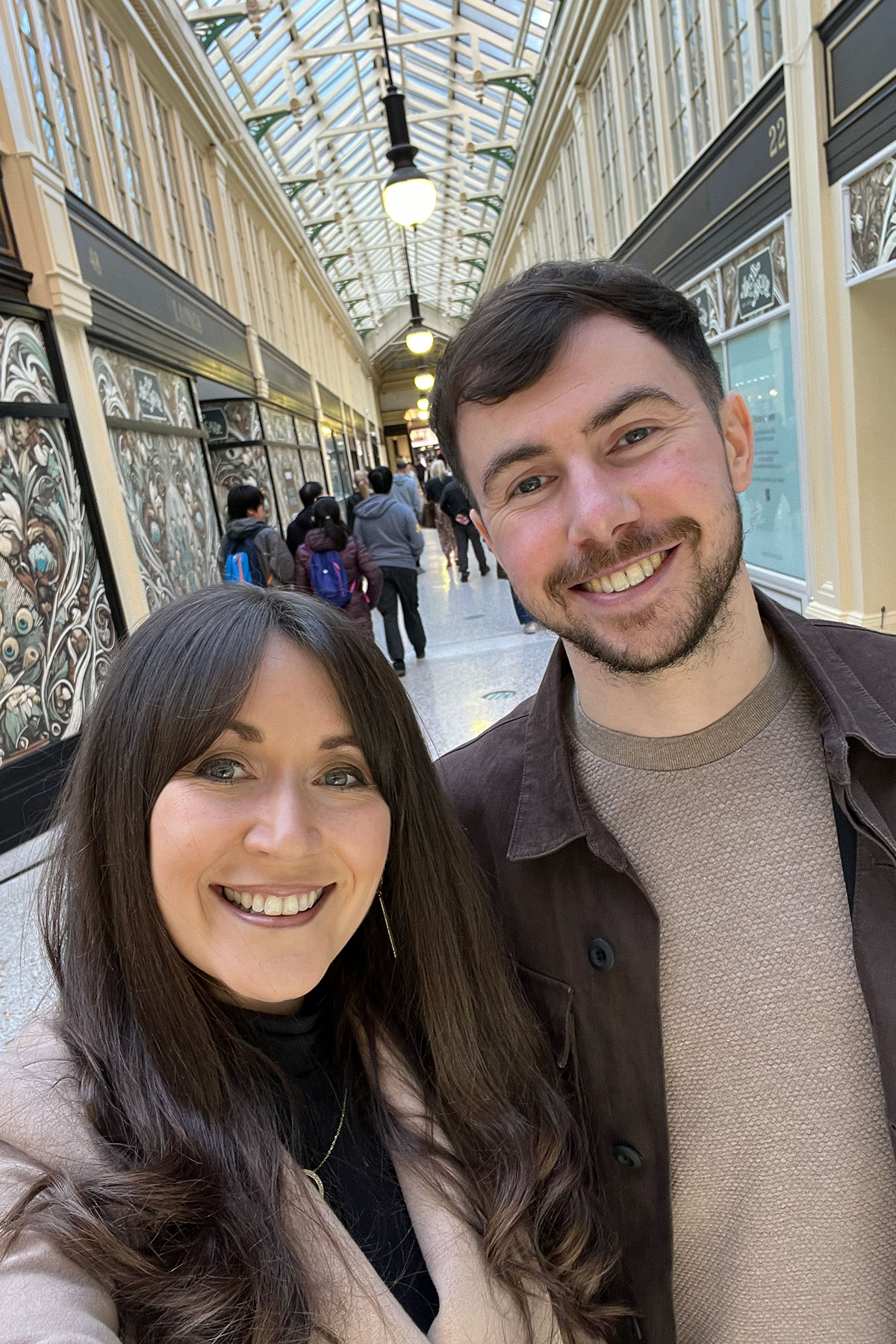 Laura and Darren in Glasgow’s Argyll Arcade during a day of wedding jewellery shopping.