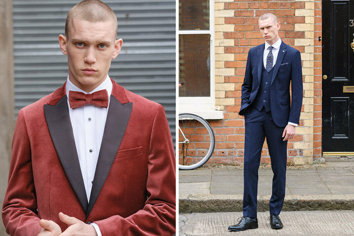 A man modelling two different coloured suits, one red and one blue