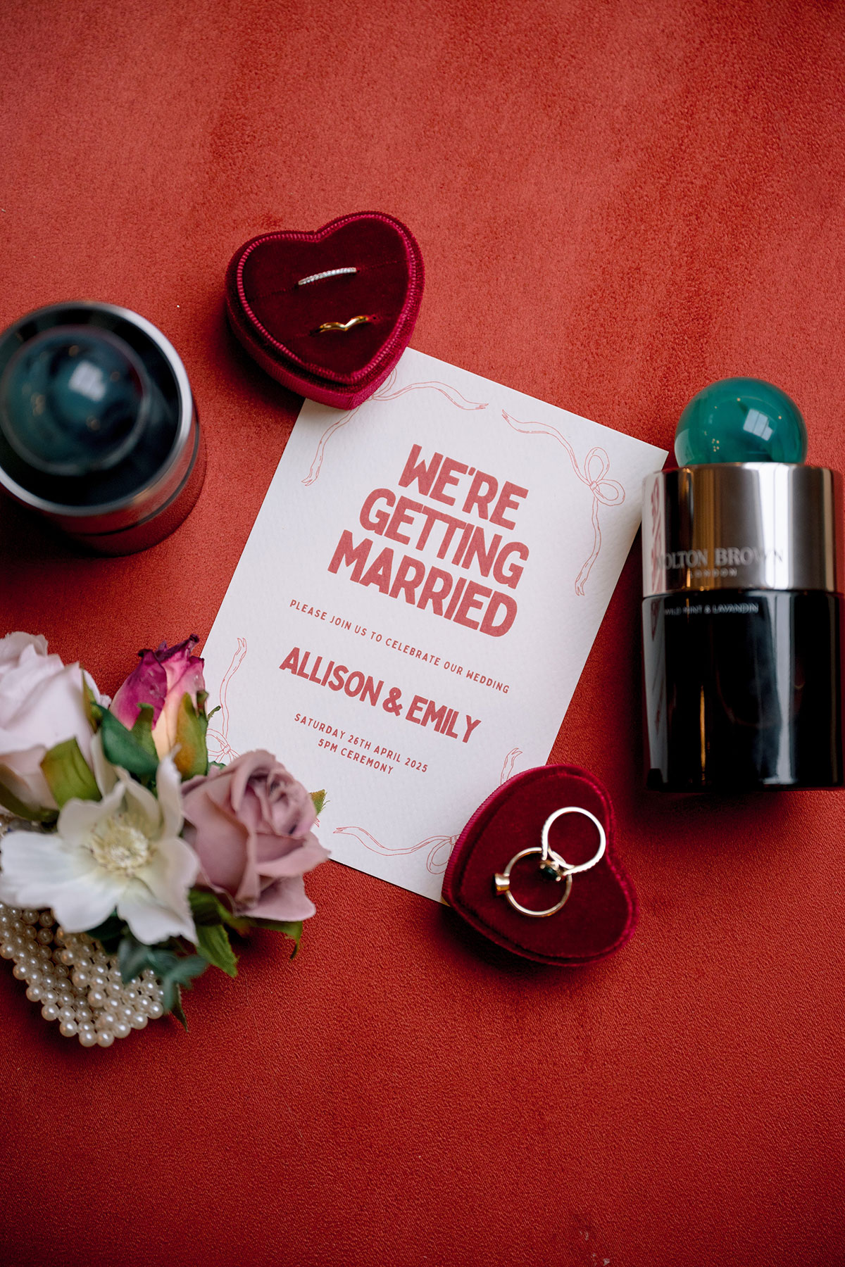 Flatlay wedding stationery, rings and flowers, The Exchange Glasgow wedding details