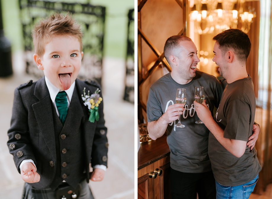 a young boy wearing a kilt sticking his tongue out on left. Two men wearing grey 'groom' t-shirts hold champagne glasses