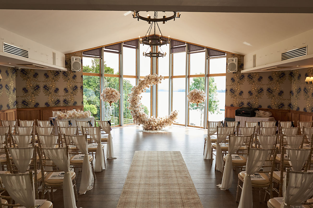 Interior of Lodge on Loch Lomond hotel set for a wedding ceremony