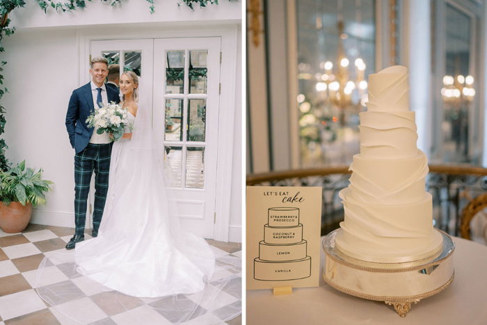 Image of couple and another of minimalistic white four-tier wedding cake