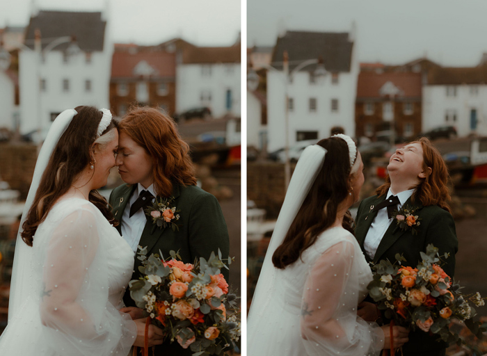 two brides pose for photos on their wedding day with Crail Harbour in the background