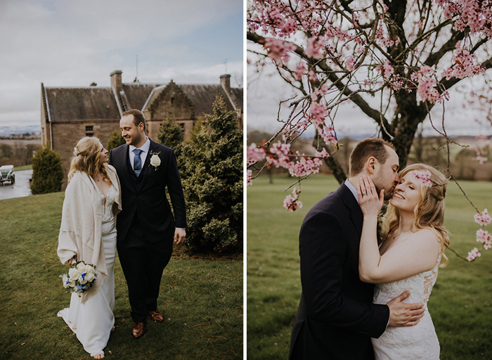 on the left a bride and groom walk away from a country house looking at each other, on the right the same couple embrace under a cherry blossom tree