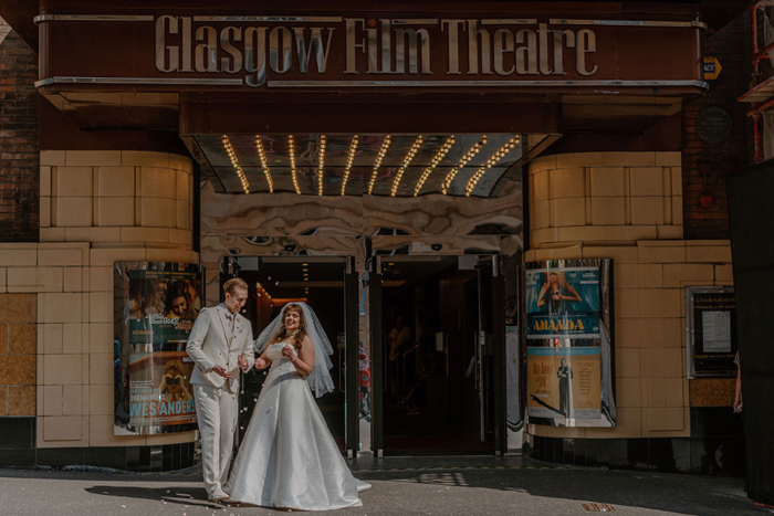 Couple portraits outside the Glasgow Film Theatre