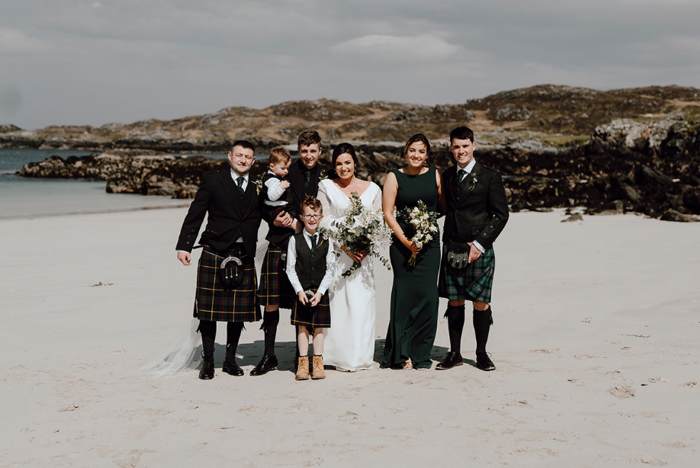 Picture of bride, groom and bridal party on the beach