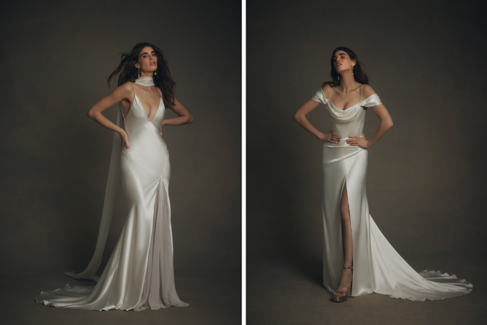 Two images of same woman in long flowing white bridal dresses against black background