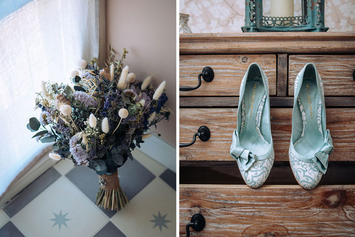 Left image shows a bridal bouquet and right image shows blue and white shoes with a blue bow