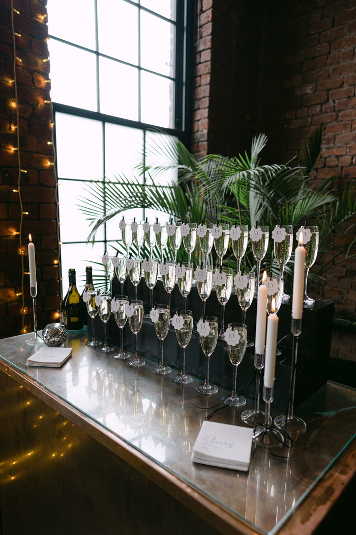 rows of champagne flutes