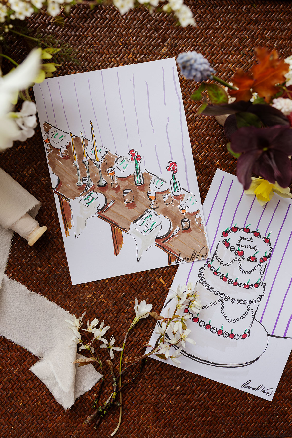 Illustrated wedding table setting and cake design at The Tower Portobello