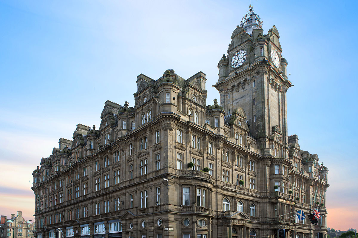 Exterior of The Balmoral hotel in Edinburgh city centre, showcasing the iconic clock tower and grand Victorian architecture