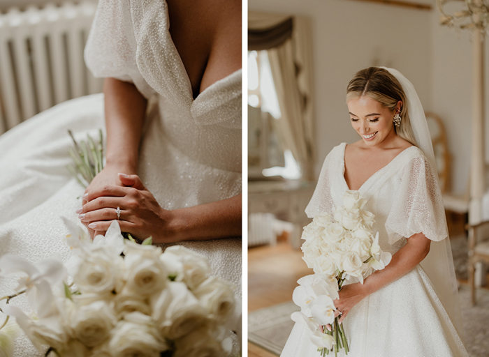 left image shows a detail of a wedding dress, elegantly manicured hand and white rose and cascading orchid wedding bouquet; right image shows portrait of bride wearing Eva Lendel Rose wedding dress looking down towards a bouquet of white rose and cascading orchids