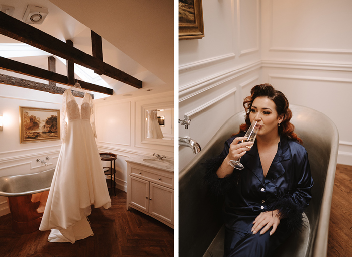 a wedding dress hanging up in a bathroom on the left and a women in blue pajamas sitting in an empty bath drinking a glass of prosecco on the right