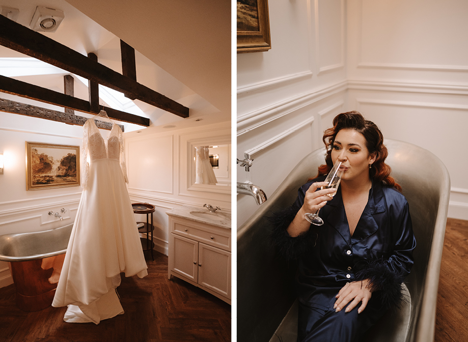 a wedding dress hanging up in a bathroom on the left and a women in blue pajamas sitting in an empty bath drinking a glass of prosecco on the right