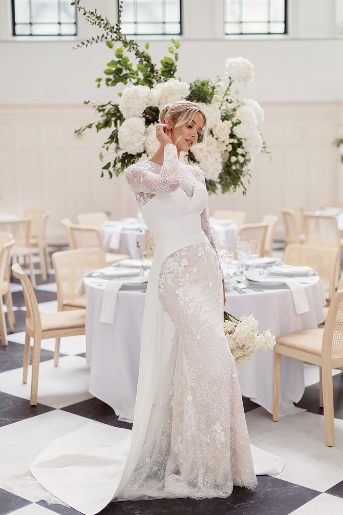  Bridal photoshoot in Glasgow featuring model Emily Shak in a modern lace wedding gown with chapel-style train