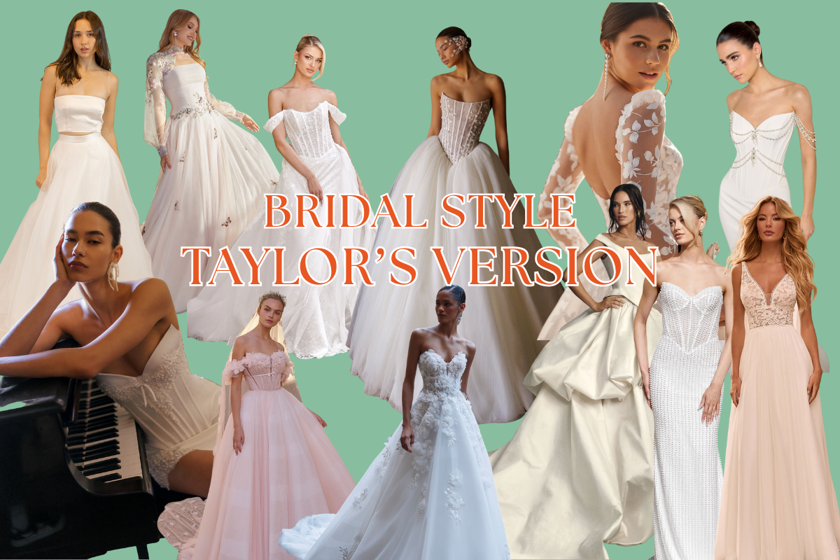 a collection of cut out wedding dress images with a green background and orange text that says 'bridal style Taylor's version'