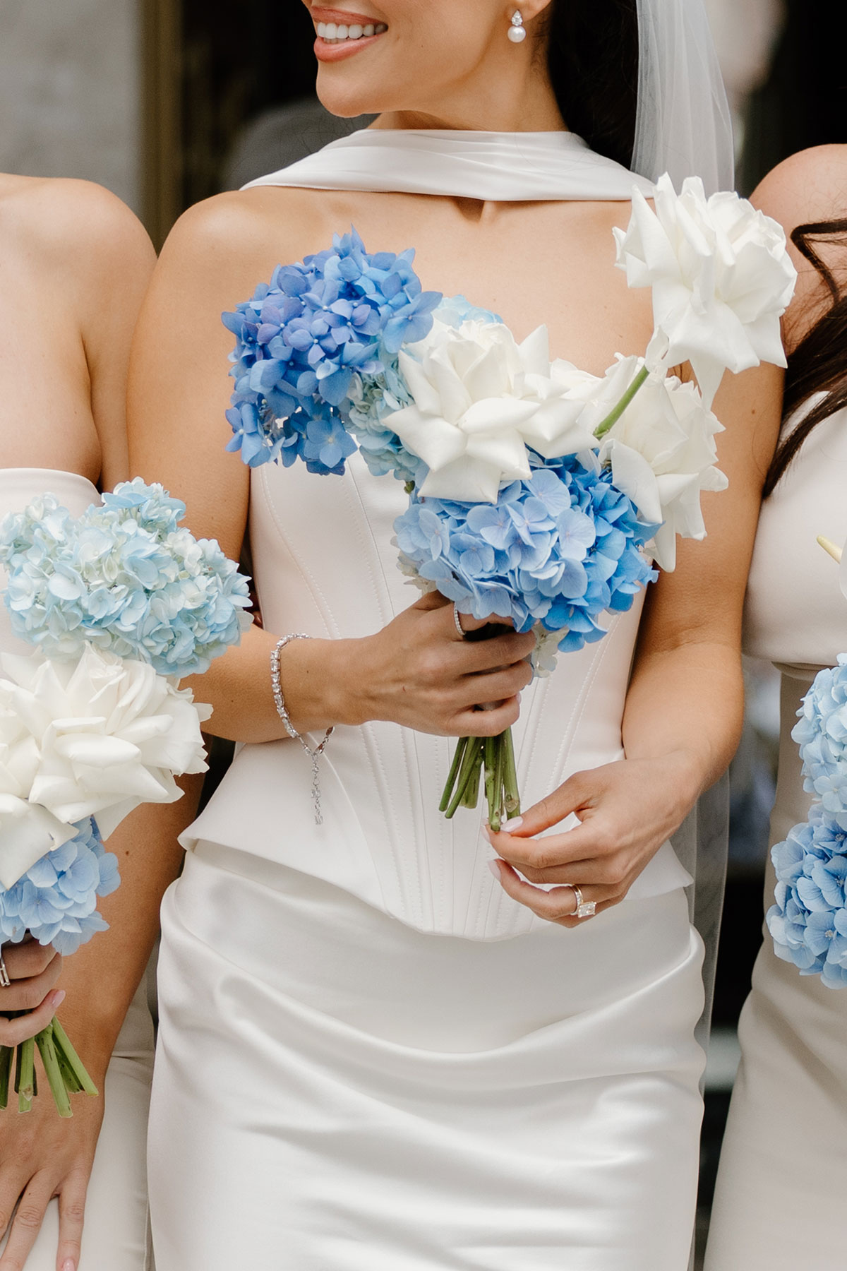 Modern blue and white hydrangea bridal bouquet at Glasgow city centre wedding