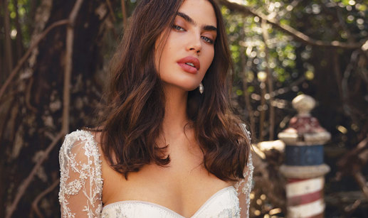 close up image of a model wearing a bridal gown