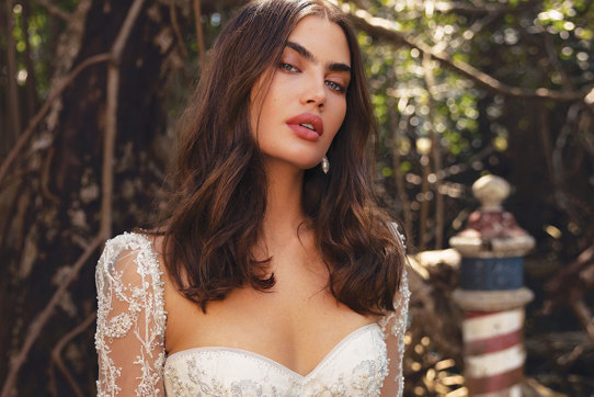 close up image of a model wearing a bridal gown