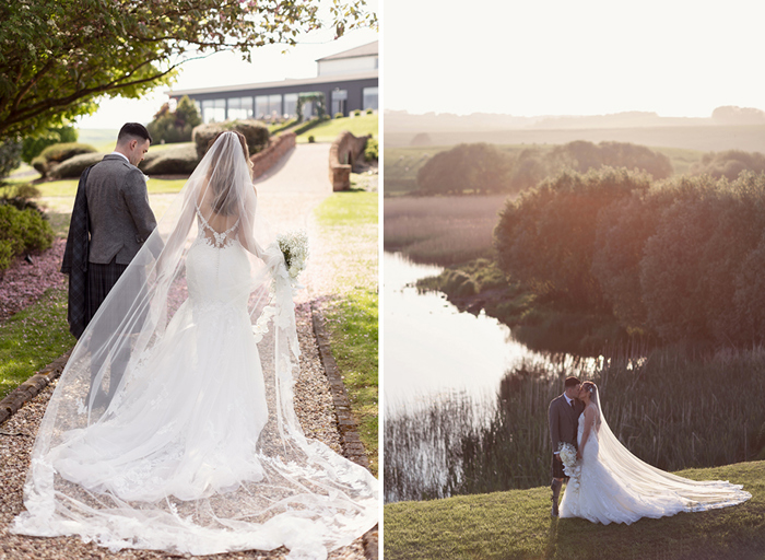 a bride and groom walking through the grounds at Lochside House Hotel on left. A bride and groom kiss while posing by a lake and trees at golden hour sunset on right