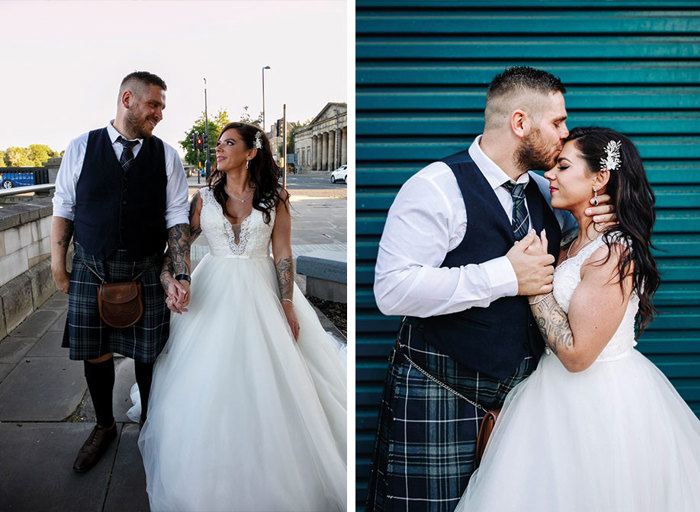 on the left a bride and groom hold hands and look at each other as they walk along a street, on the right the same couple face each other as the groom kisses the top of the bride's head