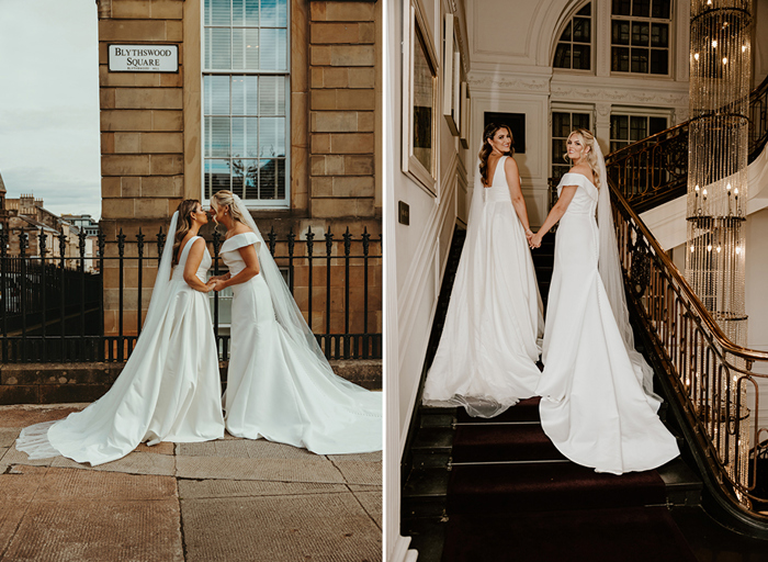Two brides kissing on Blythswood Square on left. Two brides posing on the staircase at Kimpton Blythswood Square hotel on right