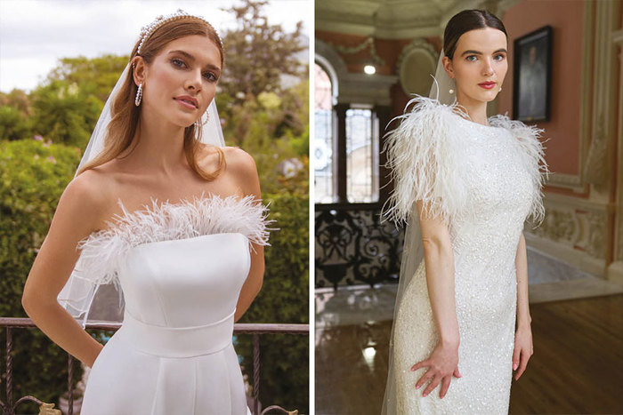 Two women modelling wedding dresses