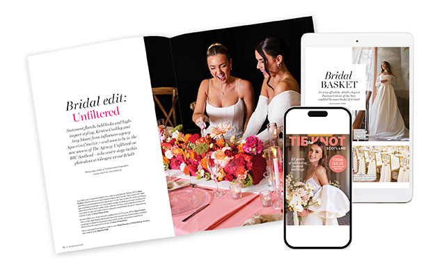 a montage of Tie the Knot Scotland printed magazine spread and smart phone showing magazine cover 