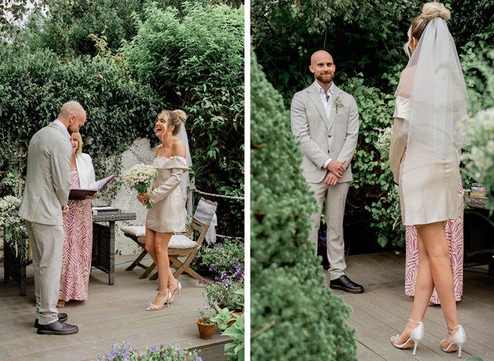 a bride and groom standing in a garden during an outdoor wedding ceremony