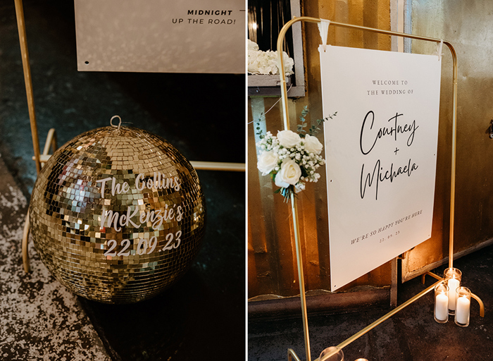 A disco ball personalised with wedding date on left. A gold-framed wedding welcome sign on right.