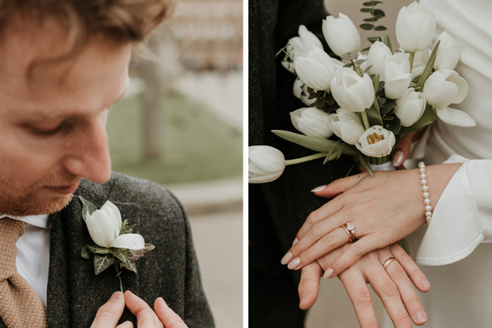 Image showing white tulip buttonhole on groom's lapel, and image showing bridal bouquet and couple's rings