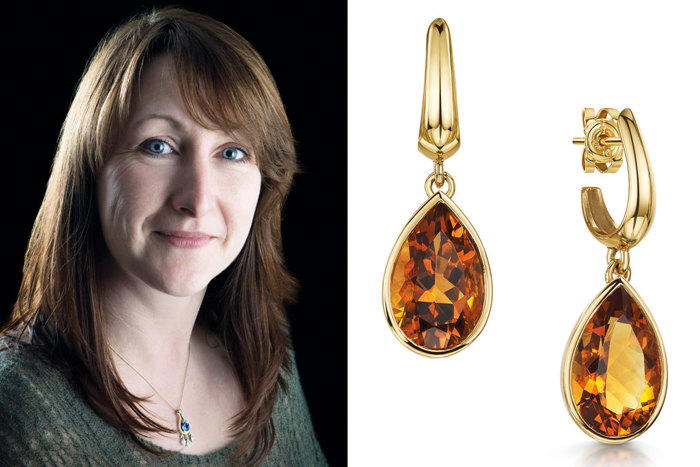 left image is Kathryn King, a jeweller and right is citrine pear drop earrings in gold made by Kathryn King