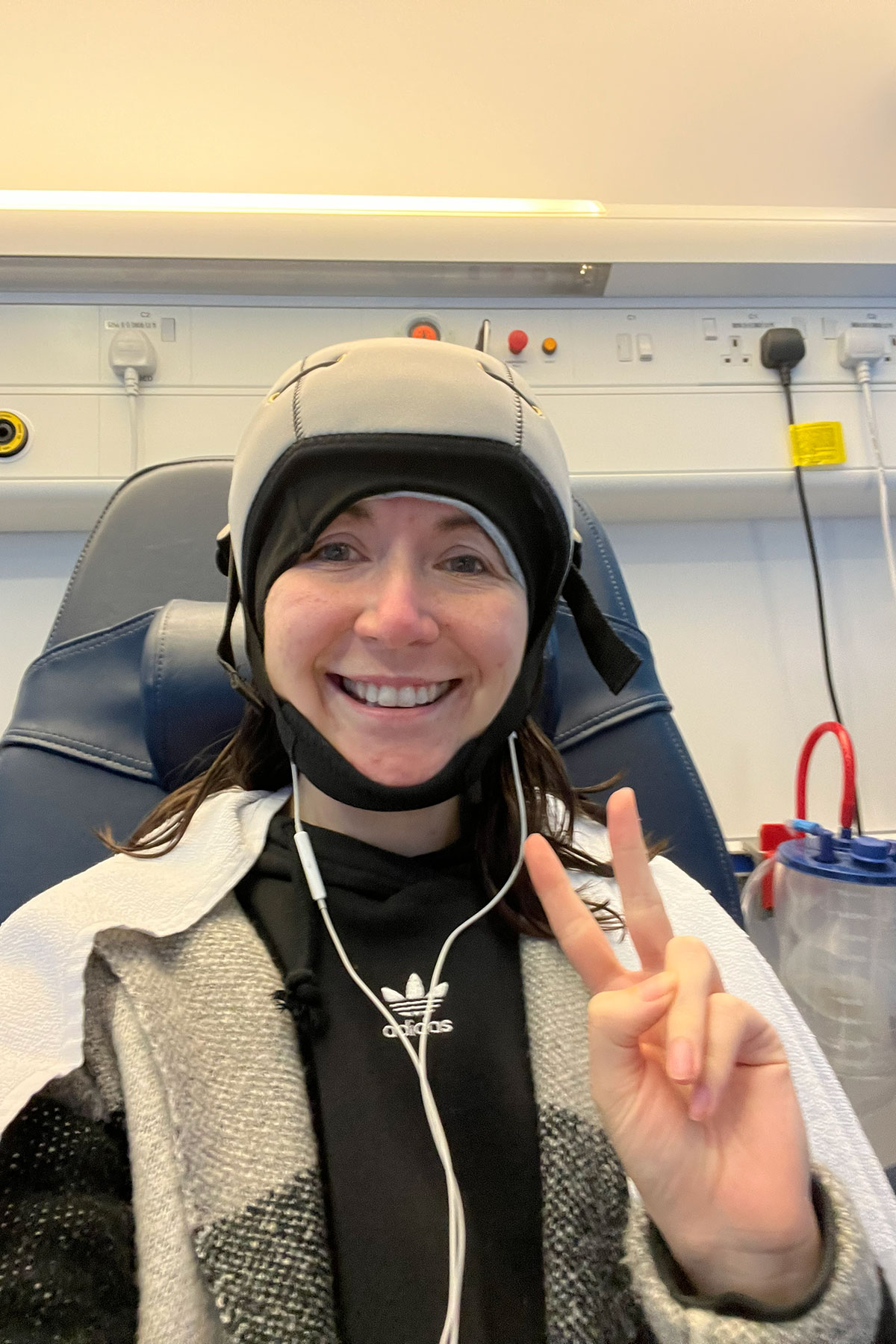 Bride-to-be Laura wearing a cold cap during chemotherapy treatment ahead of her wedding