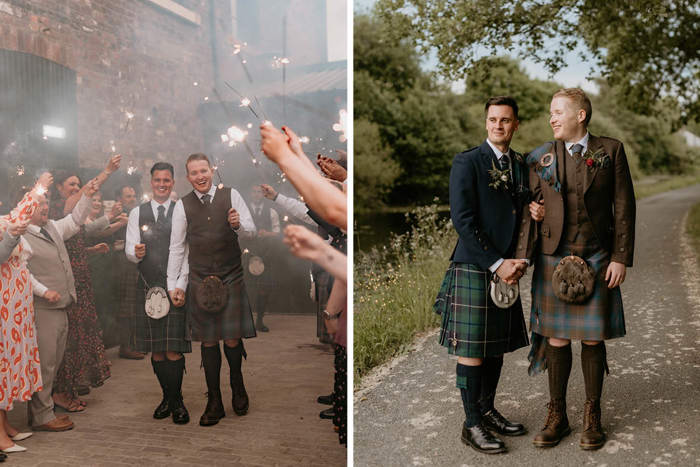 Two Men In Kilts Holding Hands As People Holding Sparklers Form An Aisle Around Them On Left And Two Men In Macgregor And Macduff Kilts Holding Hands