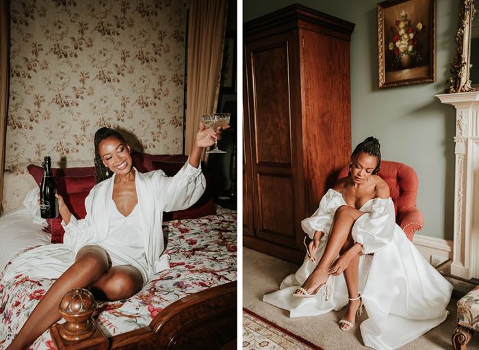 Bride sits on bed in wedding robe and cheers with champagne and then tying up her heels in her wedding dress