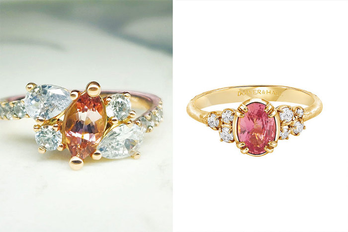 close up of two rings with pink and orange stones 