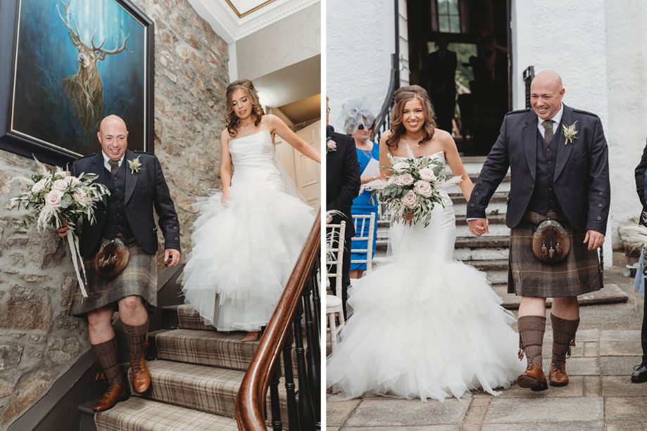 Bride and father walk down set of stairs then walk down the aisle holding hands