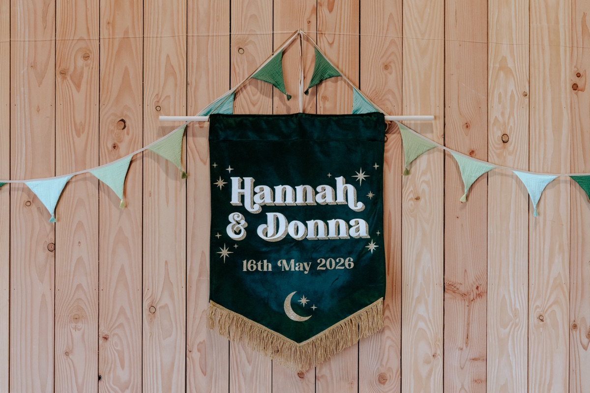Personalised Hannah and Donna wedding banner dated 16th May 2026 at Harvest Moon.
