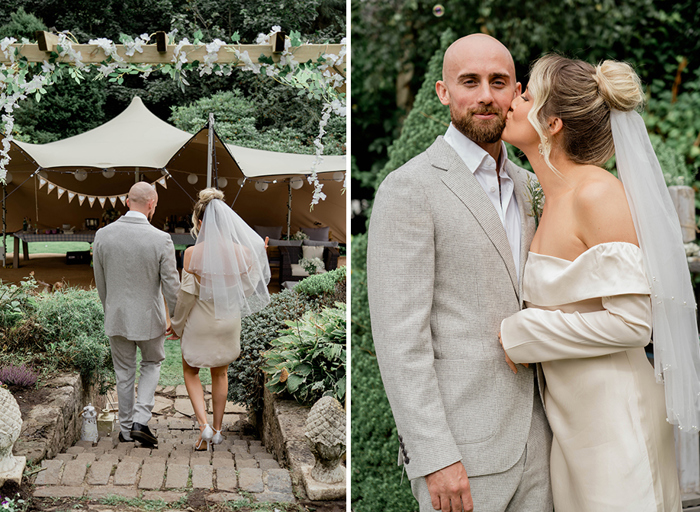 a bride and groom walking down stairs towards a canvas stretch tent in a garden on left. A bride kissing a groom on the cheek on right